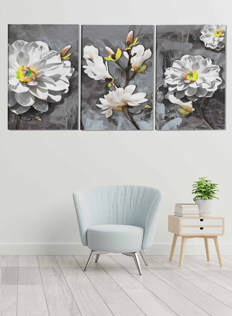 لوحة طقم من ٣ لوحات كانفاس على إطار خشبي تصميم زهور للمنزل غرفة المعيشة المكتب الديكور - Image 1