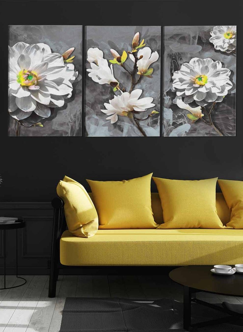 لوحة طقم من ٣ لوحات كانفاس على إطار خشبي تصميم زهور للمنزل غرفة المعيشة المكتب الديكور - Image 3