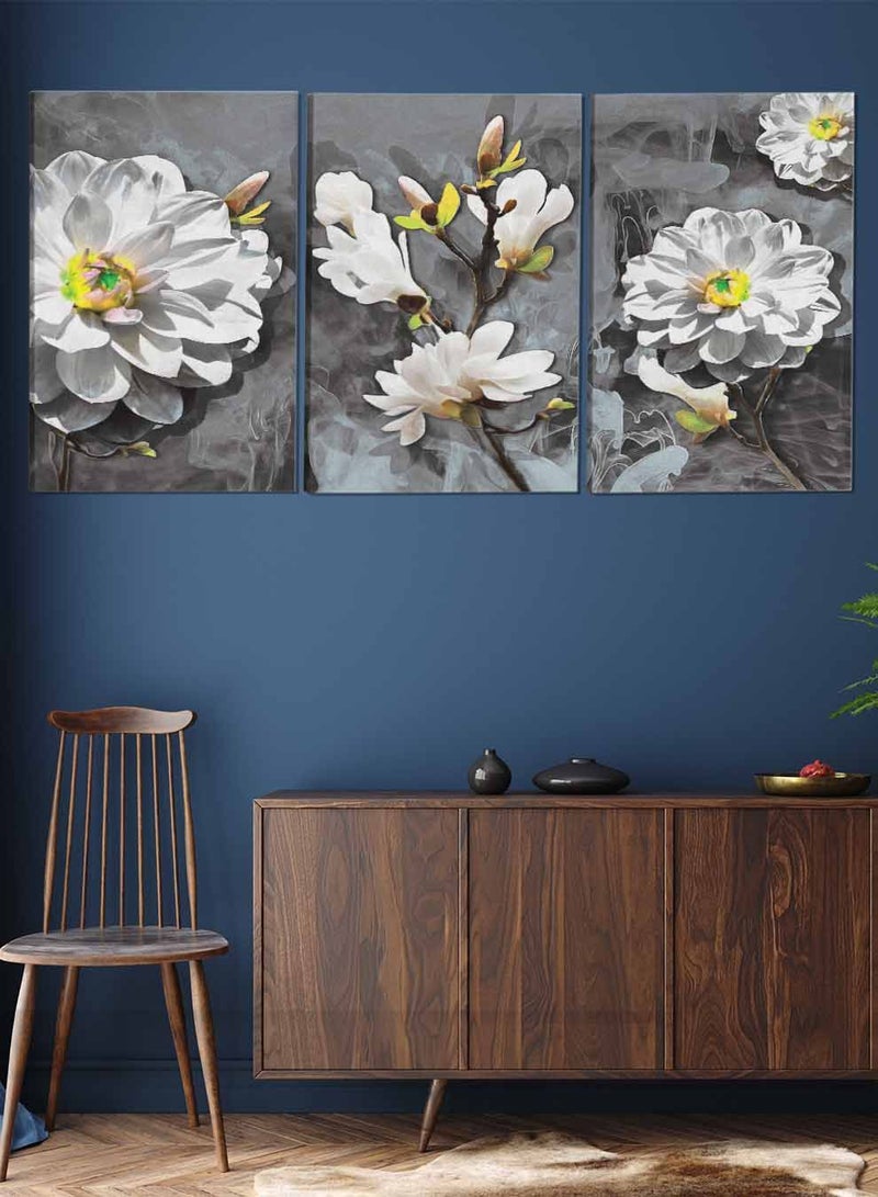 لوحة طقم من ٣ لوحات كانفاس على إطار خشبي تصميم زهور للمنزل غرفة المعيشة المكتب الديكور - Image 2