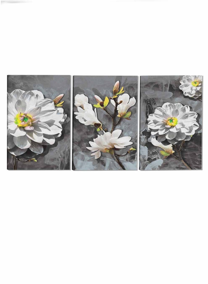 لوحة طقم من ٣ لوحات كانفاس على إطار خشبي تصميم زهور للمنزل غرفة المعيشة المكتب الديكور - Image 4