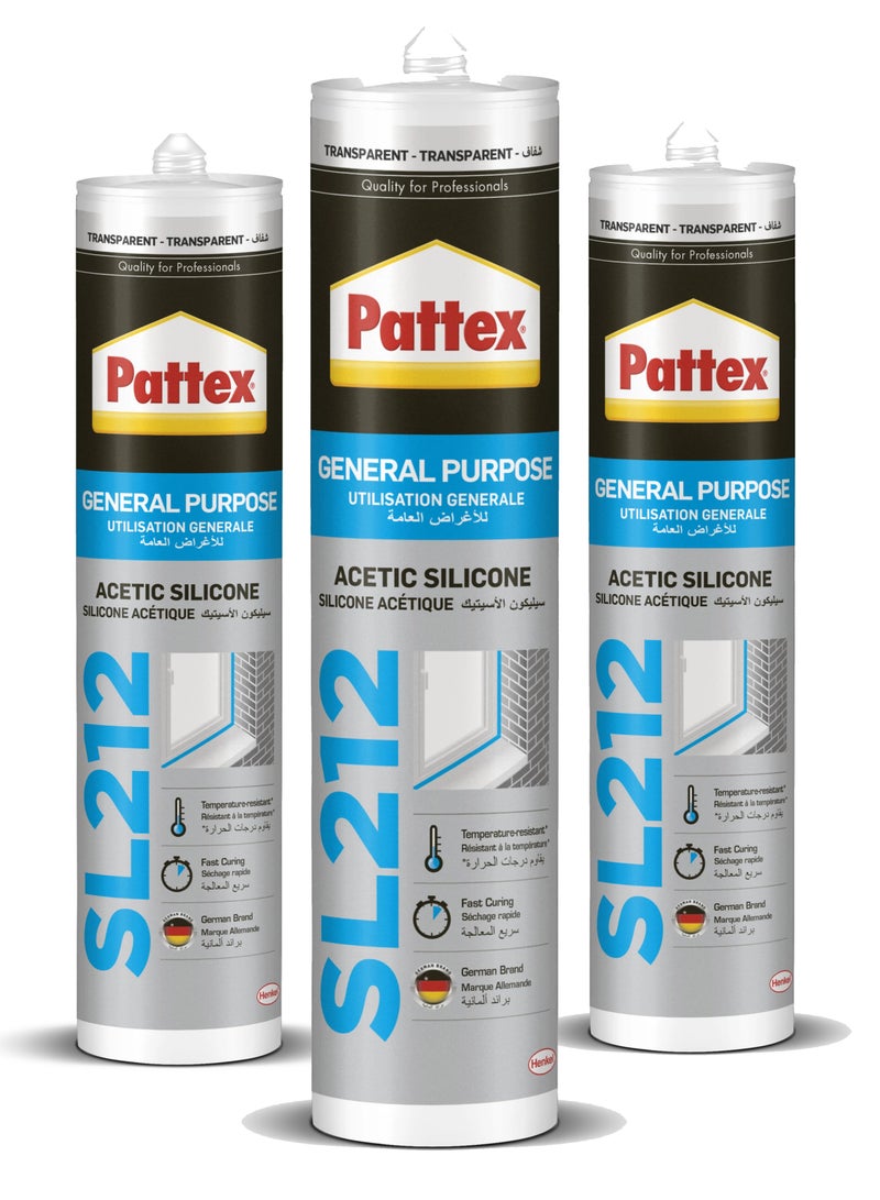 Pattex 3 Pack Of Pattex SL212 General Purpose Silicone Sealant - 280ml for Indoor & Outdoor Use , Transparent - Image 1