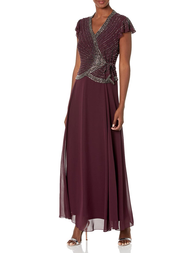 J Kara Women's Faux Wrap Long Dress W/Flutter Sleeve, Wine/Multi, 14 - Image 1