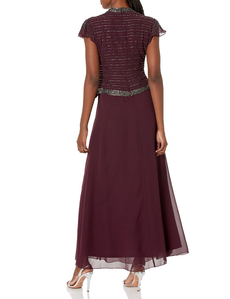 J Kara Women's Faux Wrap Long Dress W/Flutter Sleeve, Wine/Multi, 14 - Image 2