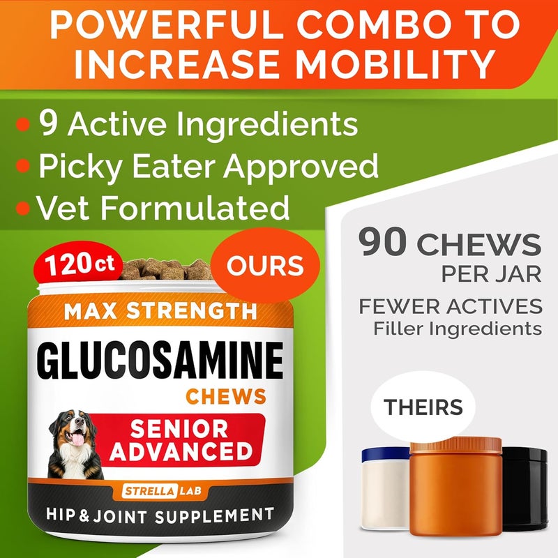 StrellaLab Senior Advanced Glucosamine Chondroitin Joint Supplement for Dogs - Hip & Joint Pain Relief Pills - Large & Small Breed - Hip Joint Chews Canine Joint Health - Chews Older Dogs - Bacon Flavor-120Ct - Image 5