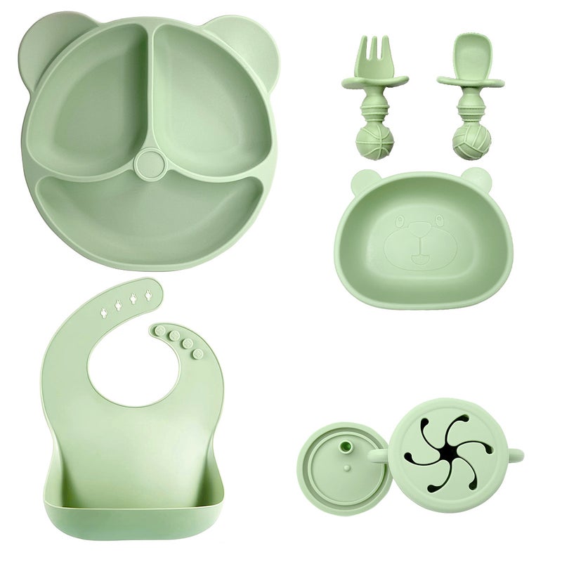Silicone Baby Dining Set Soft Bib Bowl SpoonDark green 7 pieces - bear dinner plate + bear head bowl + 2-in-1 water cup + bib + short fork and spoon Dark green 7 pieces - bear dinner plate + bear head bowl + 2-in-1 water cup + bib + short fork and spoon