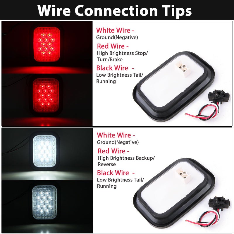 Konrali 6Pcs 5x3 Led Tail Lights, 4 Red + 2 White 3x5 Rectangle Led Lights 12 LED Stop/Turn/Tail Backup/Reverse Tow Truck Semi Trailer CM Flatbed Hitch Mounted RV Bus Grommet 3 Wire Pigtails Kit 12V - Image 3