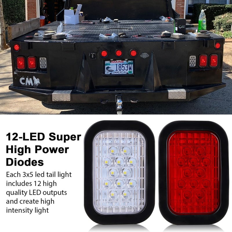 Konrali 6Pcs 5x3 Led Tail Lights, 4 Red + 2 White 3x5 Rectangle Led Lights 12 LED Stop/Turn/Tail Backup/Reverse Tow Truck Semi Trailer CM Flatbed Hitch Mounted RV Bus Grommet 3 Wire Pigtails Kit 12V - Image 4