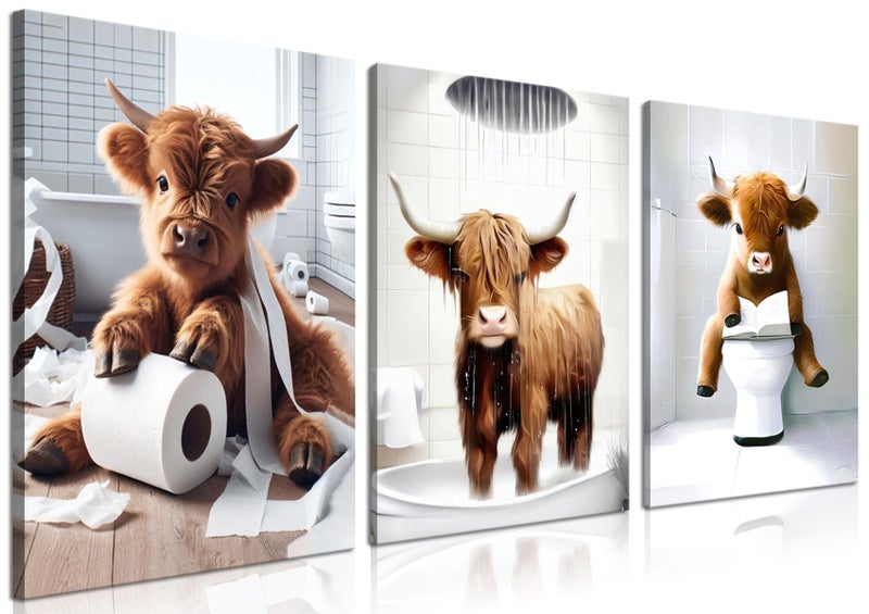 Tmvosn Funny Highland Cow Wall Art Set of 3, Rustic Farmhouse Bathroom Cow Pictures Wall Decor Painting, Brown Cute Cow Animal Canvas Posters Prints for Bathroom Restroom Home Decor Framed 12x16 Inch - Image 1
