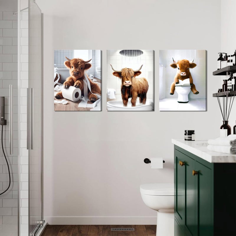Tmvosn Funny Highland Cow Wall Art Set of 3, Rustic Farmhouse Bathroom Cow Pictures Wall Decor Painting, Brown Cute Cow Animal Canvas Posters Prints for Bathroom Restroom Home Decor Framed 12x16 Inch - Image 2