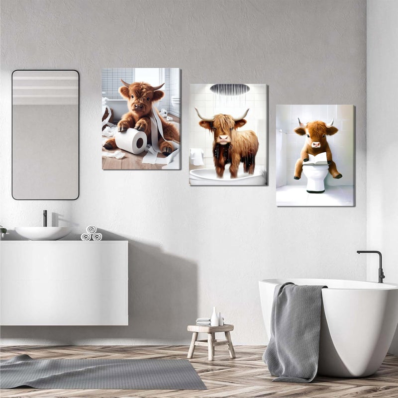 Tmvosn Funny Highland Cow Wall Art Set of 3, Rustic Farmhouse Bathroom Cow Pictures Wall Decor Painting, Brown Cute Cow Animal Canvas Posters Prints for Bathroom Restroom Home Decor Framed 12x16 Inch - Image 5