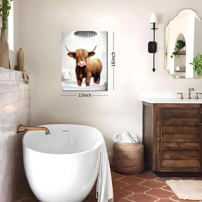 Tmvosn Funny Highland Cow Wall Art Set of 3, Rustic Farmhouse Bathroom Cow Pictures Wall Decor Painting, Brown Cute Cow Animal Canvas Posters Prints for Bathroom Restroom Home Decor Framed 12x16 Inch - Image 4
