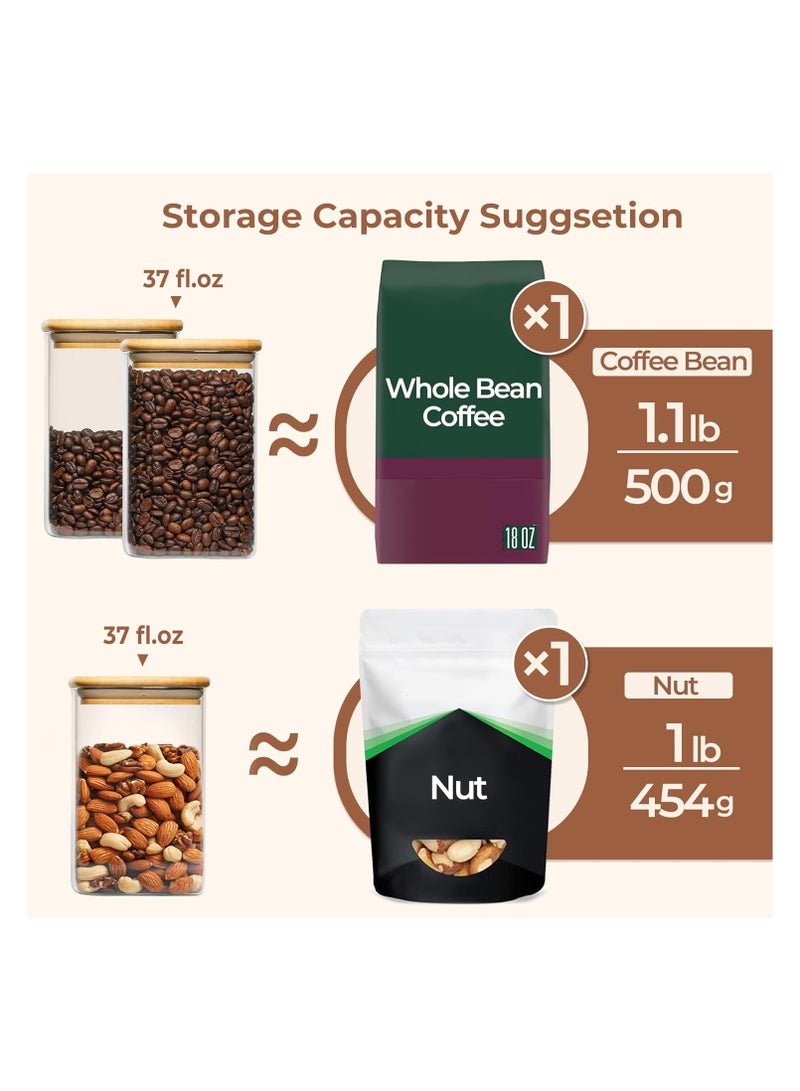 ComSaf Airtight Glass Storage Canister with Wood Lid (37oz), Clear Food Storage Container Jar with Sealing Bamboo Lid for Noodles Flour Cereal Rice Sugar Tea Coffee Beans, Square Set of 4 - Image 3