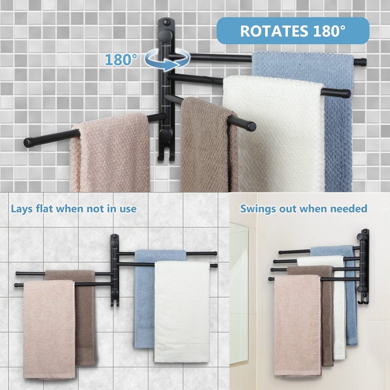 JSVER Black Towel Rack JSVER Swivel Towel Rack Wall Mounted, SUS304 Stainless Steel Towel Bar, 4 Arms Space Saving Towel Holder, Towel Racks for Bathroom - Image 4
