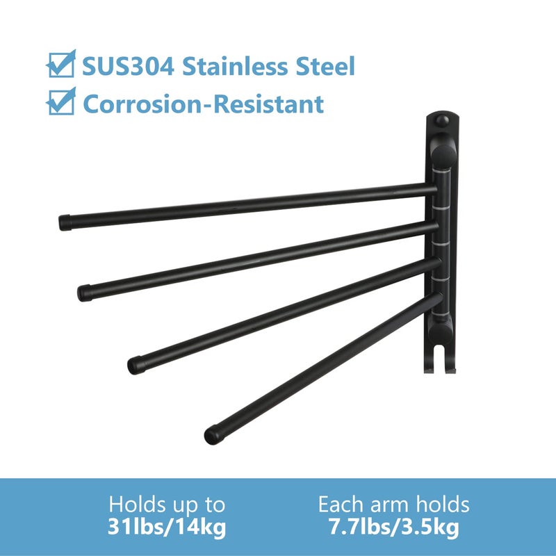 JSVER Black Towel Rack JSVER Swivel Towel Rack Wall Mounted, SUS304 Stainless Steel Towel Bar, 4 Arms Space Saving Towel Holder, Towel Racks for Bathroom - Image 5