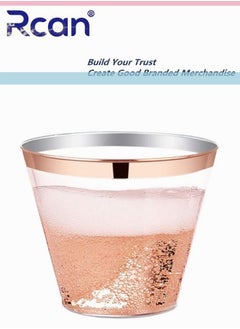 Rcan 50 Pcs Set Rose Gold Upscale Elegant Wedding Dining Party Disposable Plastic Clear Cup Set 9 OZ Transparent Rose Gold Rimmed Cups 50 Guest  - Image 4