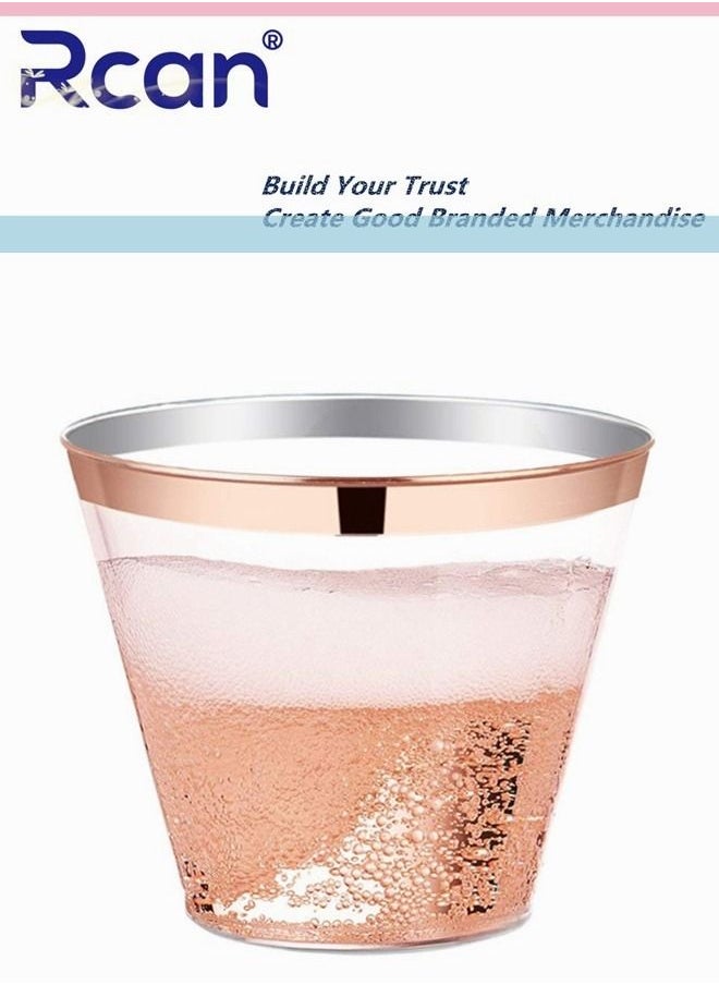 Rcan 50 Pcs Set Rose Gold Upscale Elegant Wedding Dining Party Disposable Plastic Clear Cup Set 9 OZ Transparent Rose Gold Rimmed Cups 50 Guest  - Image 4