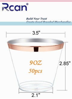 Rcan 50 Pcs Set Rose Gold Upscale Elegant Wedding Dining Party Disposable Plastic Clear Cup Set 9 OZ Transparent Rose Gold Rimmed Cups 50 Guest  - Image 5
