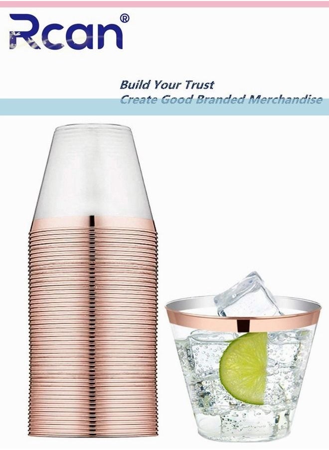 Rcan 50 Pcs Set Rose Gold Upscale Elegant Wedding Dining Party Disposable Plastic Clear Cup Set 9 OZ Transparent Rose Gold Rimmed Cups 50 Guest  - Image 1