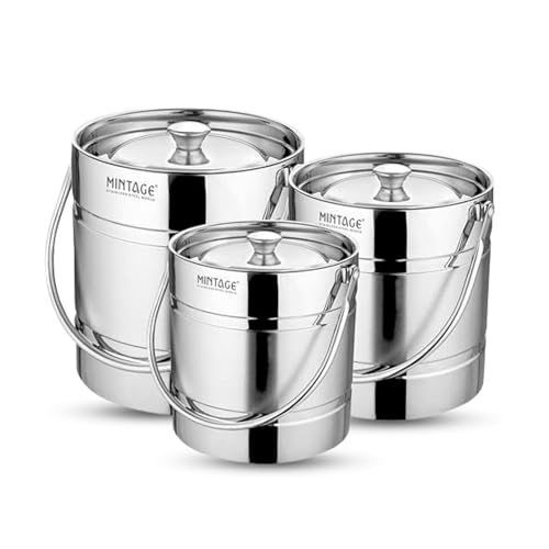 Mintage Milk Barni 1.5+2+2.5 litres Set of 3 | Milk Can/Oil Can | Heavy Body Milk Pot Ghee Container | Steel Barni Oil Pot with Lid | Milk Storage Milk Dolchi - Image 1