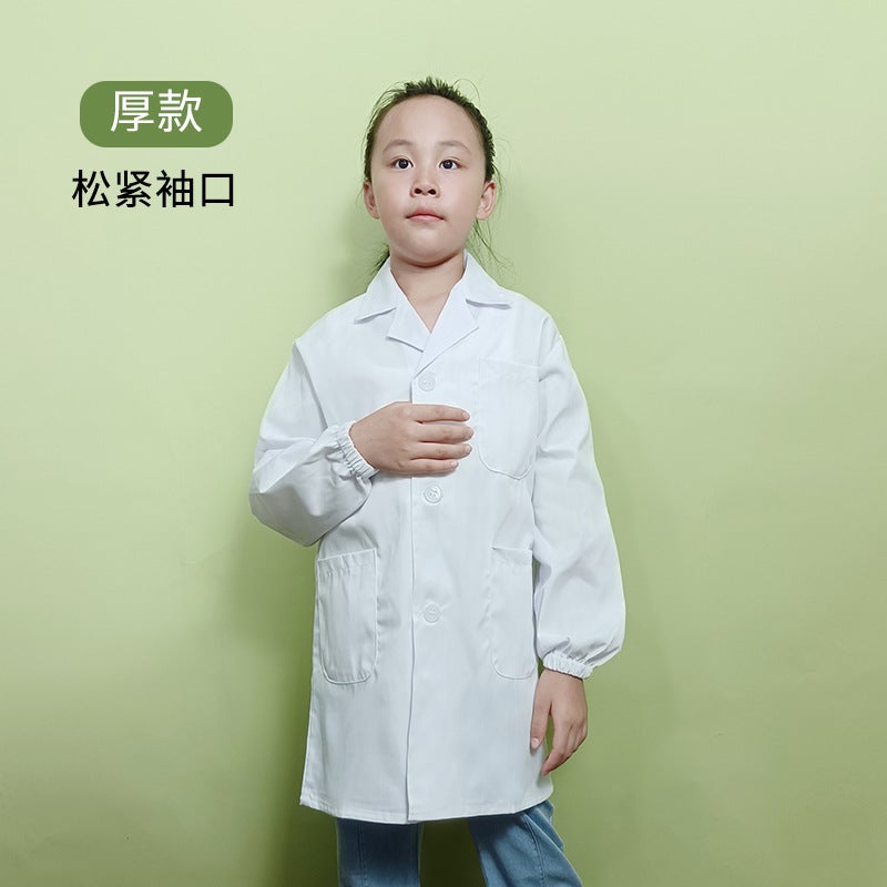 Childrens White Coat Long Sleeve Work Clothes Laboratory Clothes logo Visiting Clothes White Long Gown Performance Clothes White elastic cuffs thick 