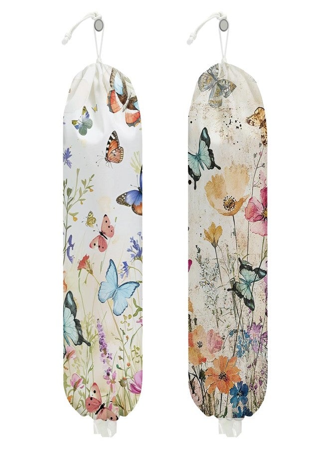 XFN 2Pcs Vintage Floral Plastic Bag Holder, Wall Mount Trash Bag Holder, Summer Floral Colorful Butterfly Reusable Grocery Bags Storage Dispenser for Home Kitchen Pantry, Butterfly Gifts for Women - Image 1
