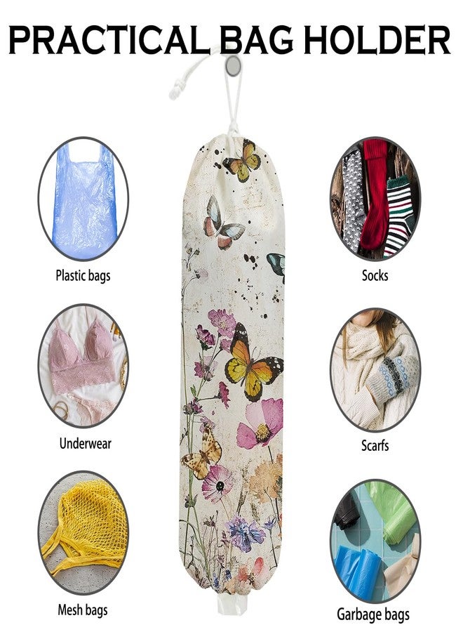 XFN 2Pcs Vintage Floral Plastic Bag Holder, Wall Mount Trash Bag Holder, Summer Floral Colorful Butterfly Reusable Grocery Bags Storage Dispenser for Home Kitchen Pantry, Butterfly Gifts for Women - Image 3