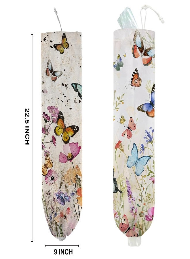 XFN 2Pcs Vintage Floral Plastic Bag Holder, Wall Mount Trash Bag Holder, Summer Floral Colorful Butterfly Reusable Grocery Bags Storage Dispenser for Home Kitchen Pantry, Butterfly Gifts for Women - Image 2
