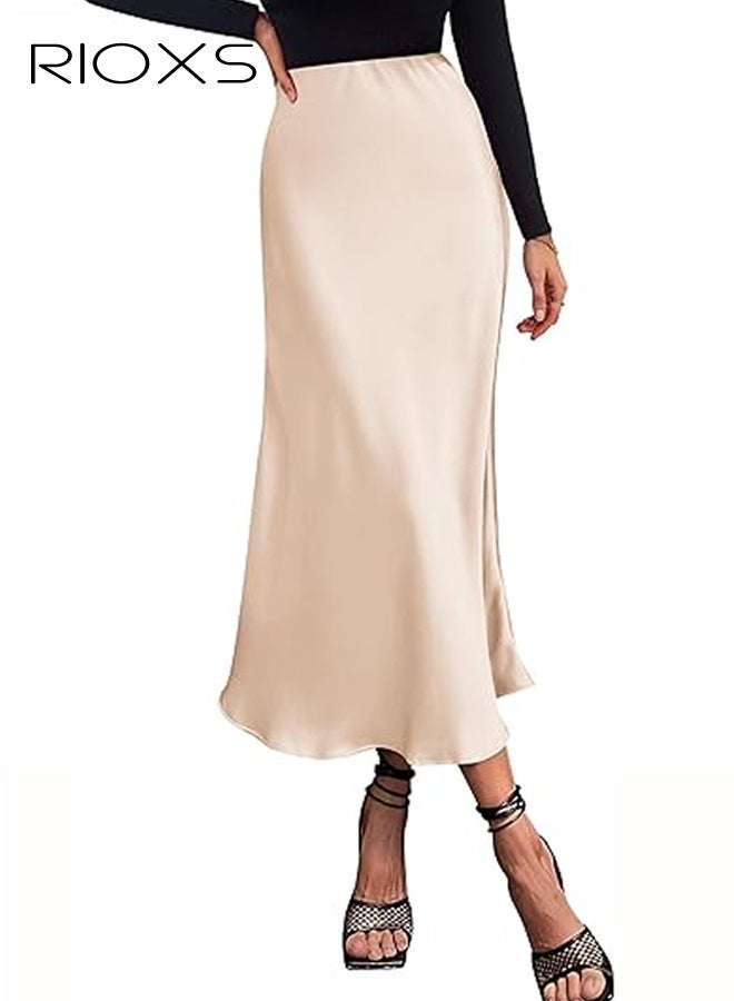 RIOXS Women's Satin A Line Midi Skirt, Dressy Flowy High Waisted Cocktail Wedding Skirt, Casual Fall Summer Vacation Outfits for Ladies - Image 1