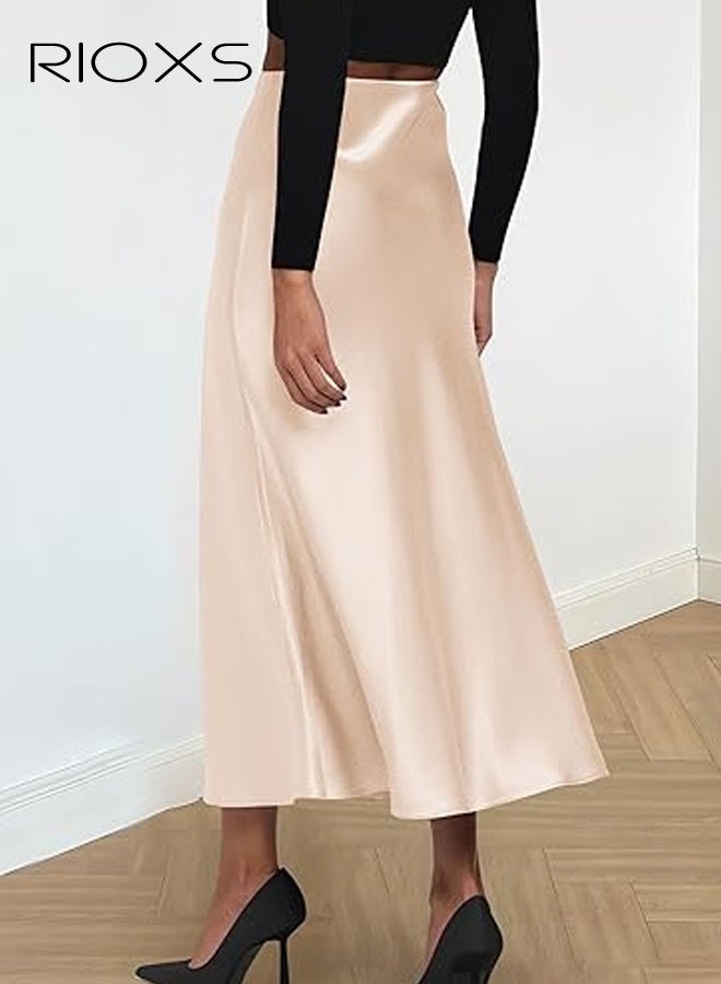 RIOXS Women's Satin A Line Midi Skirt, Dressy Flowy High Waisted Cocktail Wedding Skirt, Casual Fall Summer Vacation Outfits for Ladies - Image 2