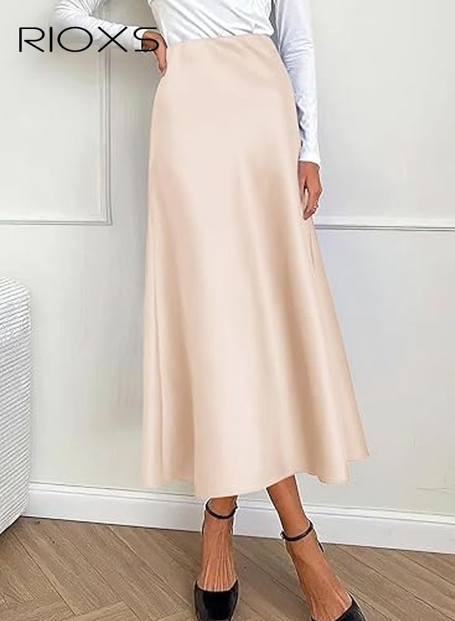 RIOXS Women's Satin A Line Midi Skirt, Dressy Flowy High Waisted Cocktail Wedding Skirt, Casual Fall Summer Vacation Outfits for Ladies - Image 4