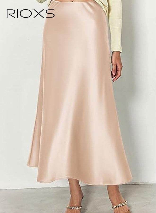 RIOXS Women's Satin A Line Midi Skirt, Dressy Flowy High Waisted Cocktail Wedding Skirt, Casual Fall Summer Vacation Outfits for Ladies - Image 5