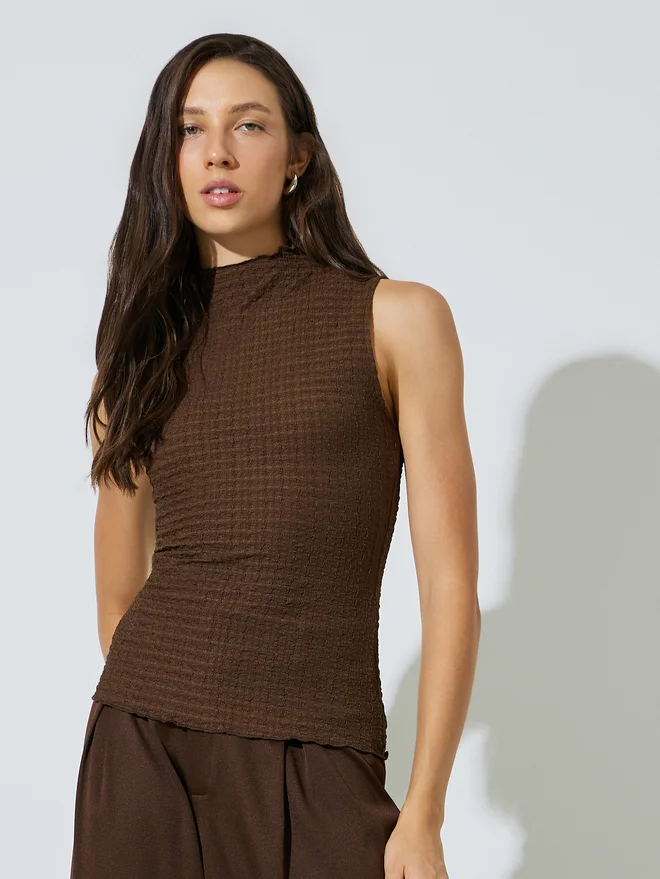 Styli Styli Brown High Neck Textured Knit Top