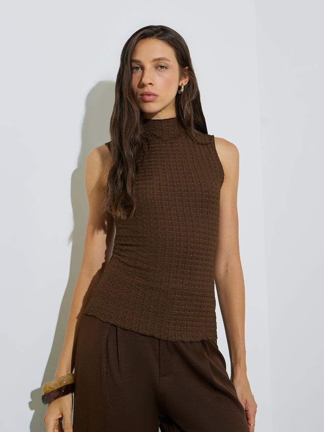 Styli Brown High Neck Textured Knit Top - Image 3