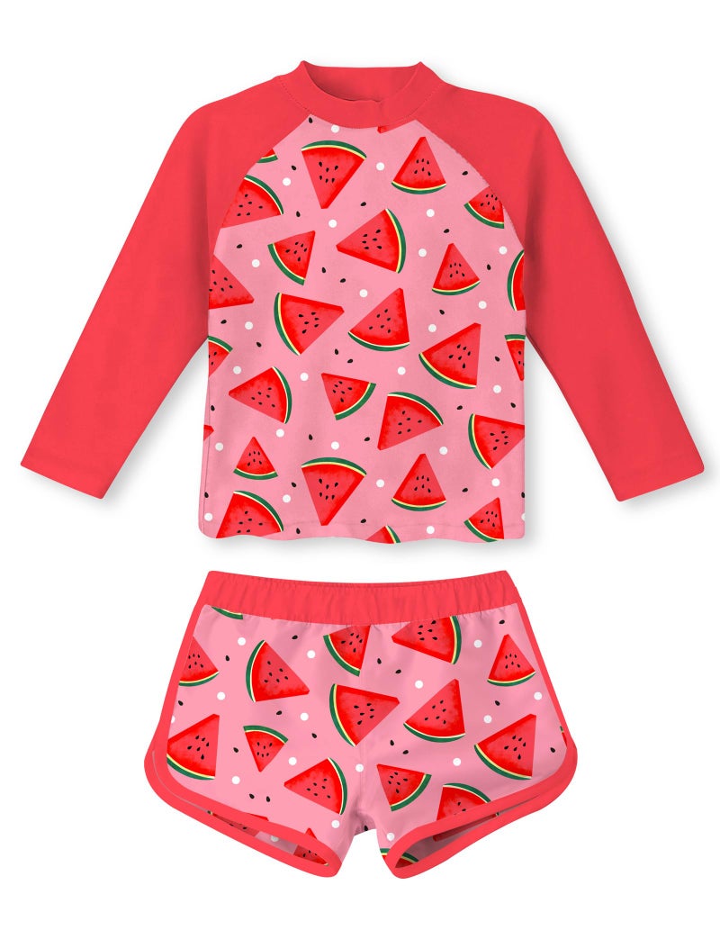 Vogseek 4t 5t Girls Rash Guard Swimsuit Bikini Long Sleeve Bathing Suit 3D Print Adorable Red Watermelons Pink Swimwear 2 Pcs Elastic Waist Breathable Swimming Set 4 Years - Image 1