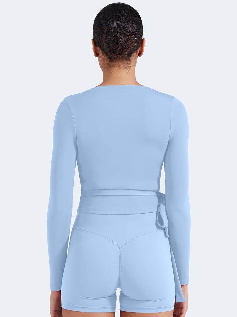 YEOREO Women Pilates Wrap Top Long Sleeve Tie Ballet Workout Yoga Shirt Michelie Y2K V Neck Cropped Tops - Image 4