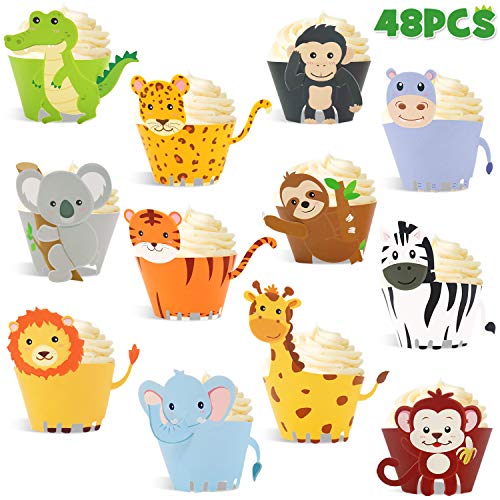 Bessmoso 48 Pcs Jungle Safari Animal Cupcake Wrappers Wild Party Cake Decorations Jungle Wild Cake Wrappers for Baby Shower Birthday Themed Decorations Safari Party Supplies - Image 1