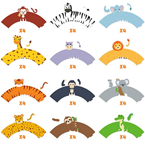 Bessmoso 48 Pcs Jungle Safari Animal Cupcake Wrappers Wild Party Cake Decorations Jungle Wild Cake Wrappers for Baby Shower Birthday Themed Decorations Safari Party Supplies - Image 4