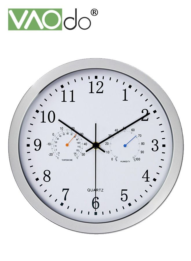 فاو دو ساعة حائط مقاس 12 بوصة تعمل بحركة صامتة وساعات دقيقة مع درجة الحرارة والرطوبة ديكور للمطبخ وغرفة المعيشة وغرفة النوم والمكتب والمدرسة - Image 1