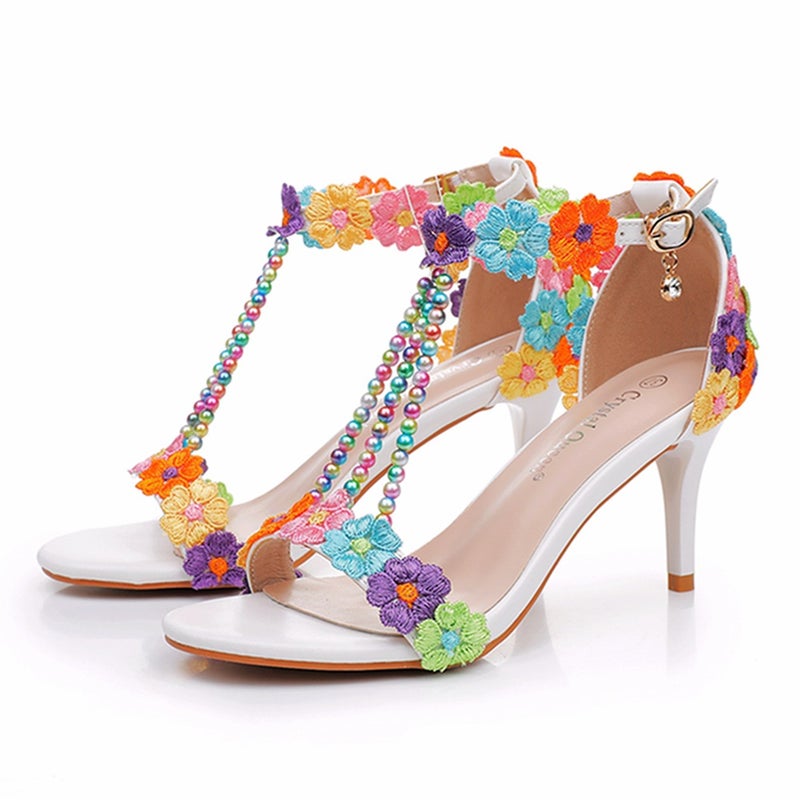 7Cm Shallow Mouth Sandals With Thin Heel Beaded Sandals White Lace Flower Wedding Shoes Ethnic Style High Heel Sandals - Image 2