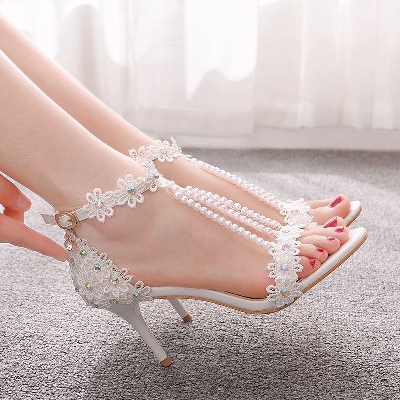 7Cm Shallow Mouth Sandals With Thin Heel Beaded Sandals White Lace Flower Wedding Shoes Ethnic Style High Heel Sandals - Image 3