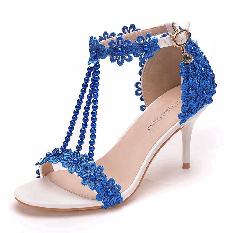 7Cm Shallow Mouth Sandals With Thin Heel Beaded Sandals White Lace Flower Wedding Shoes Ethnic Style High Heel Sandals - Image 1