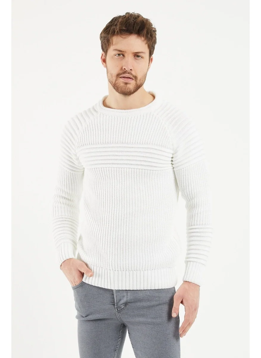 Cool Tarz Cool Style Men's White Ribbed Crew Neck Knitwear Sweater