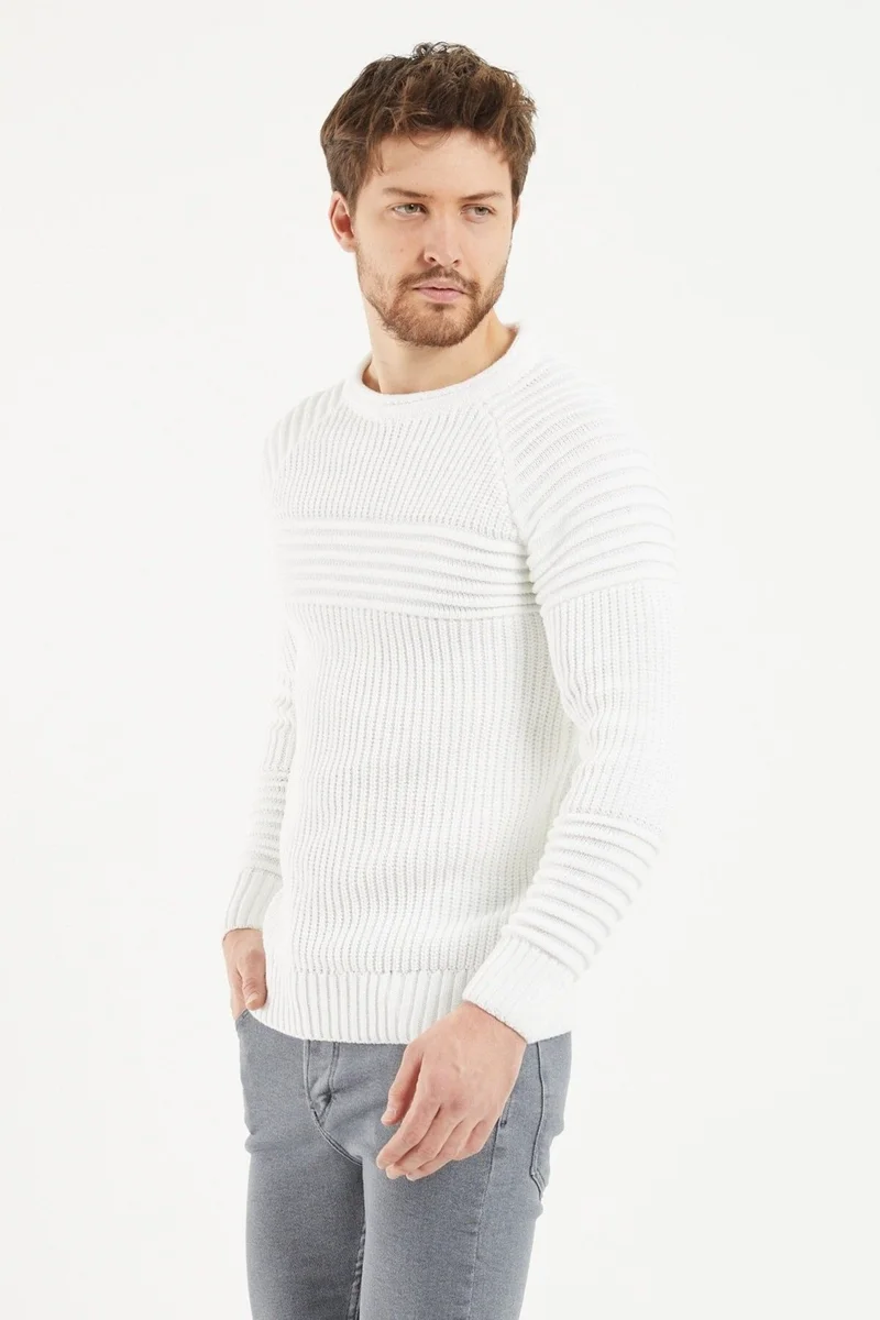 Cool Tarz Cool Style Men's White Ribbed Crew Neck Knitwear Sweater