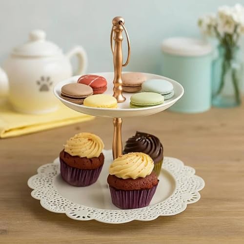 Elan Flourish 2-Tier Cupcake Stand | Desserts Candy Fruits Dry Fruits Plates |Stands for Wedding Birthday Tea Party | Decorative Serving Easy to Assemble | Latest Cake Stand for Decoration (Ivory) - Image 1