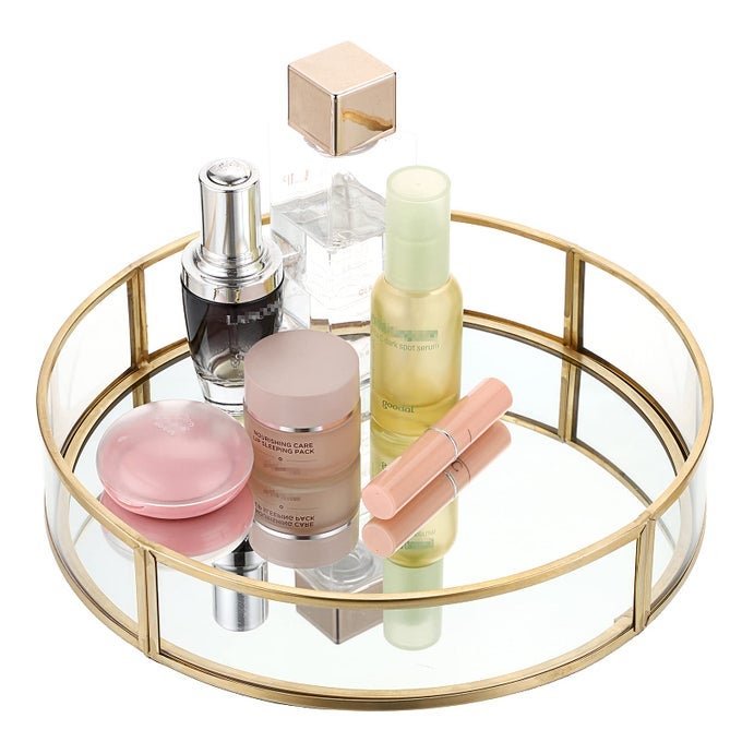 GOLD ROUND GLASS MIRROR JEWELRY PERFUME TRAY ORNATE METAL DECORATIVE TRAY FOR VANITY DRESSER