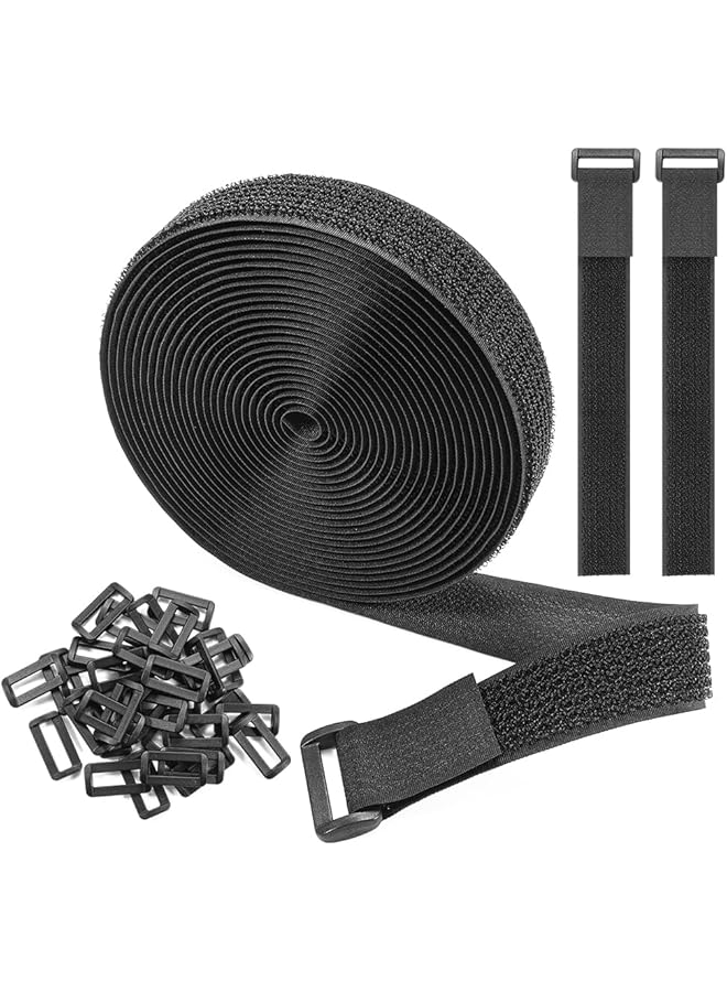 Green Tiger 10m Adjustable Hook and Loop Cable Straps with 50 Buckles, Reusable Fastening Ties for Wire and Cord Management, Cut to Length, 2.5cm Wide, Black - Image 1