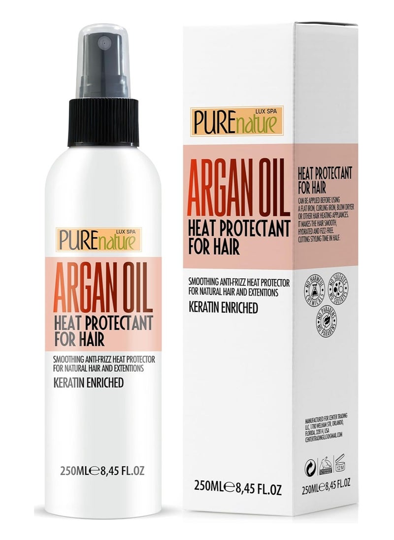 Pure Nature Lux Spa - Moroccan Argan Oil Heat Protectant Spray for Hair - Leave In Thermal Guard against Flat Iron, Straightener and Blow Dry Damage - Hydrating Anti Frizz Control for Straight, Black and Curly Locks - Image 1