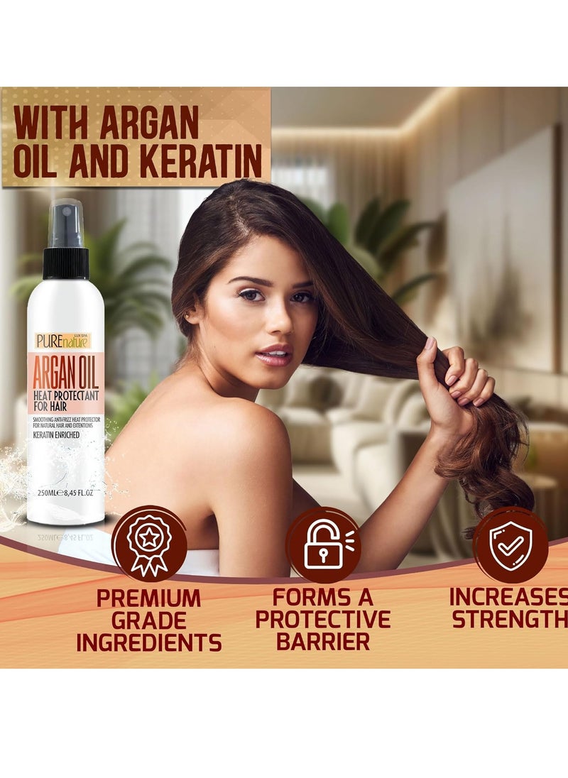Pure Nature Lux Spa - Moroccan Argan Oil Heat Protectant Spray for Hair - Leave In Thermal Guard against Flat Iron, Straightener and Blow Dry Damage - Hydrating Anti Frizz Control for Straight, Black and Curly Locks - Image 1