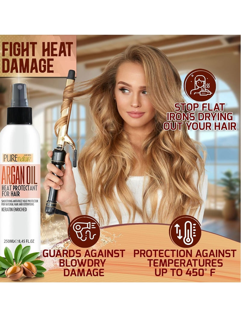 Pure Nature Lux Spa - Moroccan Argan Oil Heat Protectant Spray for Hair - Leave In Thermal Guard against Flat Iron, Straightener and Blow Dry Damage - Hydrating Anti Frizz Control for Straight, Black and Curly Locks - Image 1