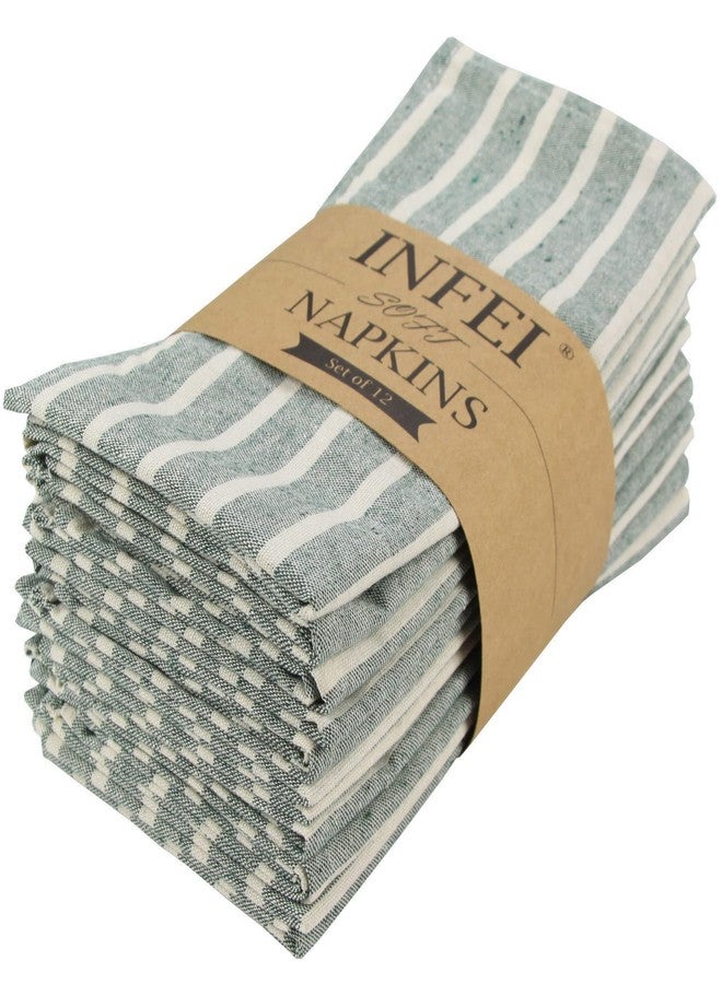 INFEI Broad Striped Cotton Blended Dinner Cloth Napkins - Set of 12 (17 x 17 inches) - for Xmas Parties Events & Home Use (Green) - Image 1
